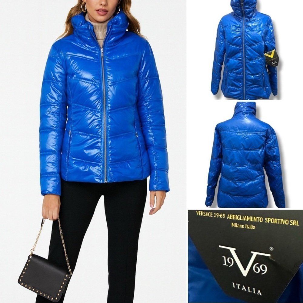 458 Versace 19V69 Italia | NWT Blue Glossy Puffer Winter Jacket (Size M)